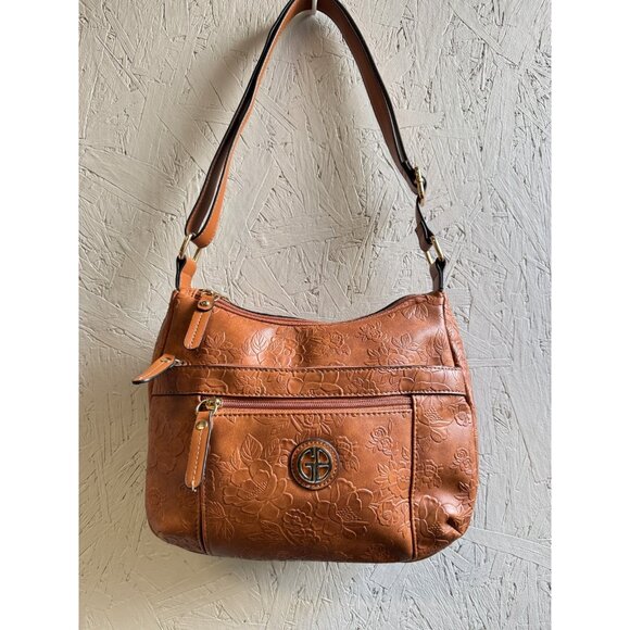 GIANI BERNINI tooled floral embossed hobo shoulder crossbody bag - Cognac/ Tan - Picture 5 of 7